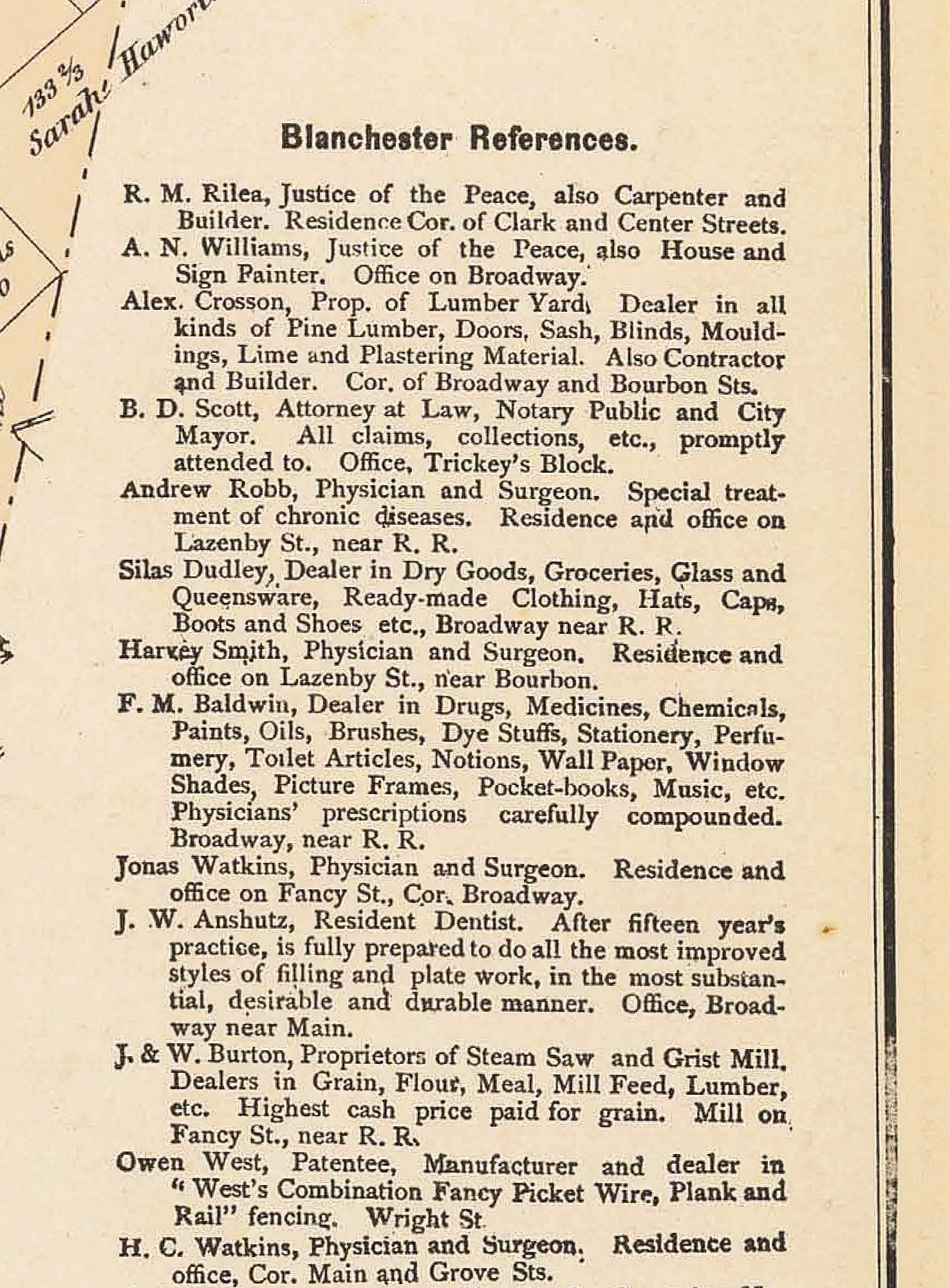 1876. List of Blanchester Businesses Blanchester Area Historical Society