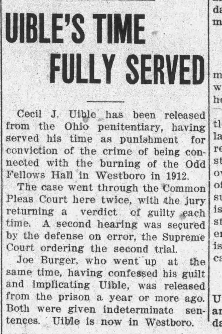1912. Westboro I.O.O.F. Fire-Arson.