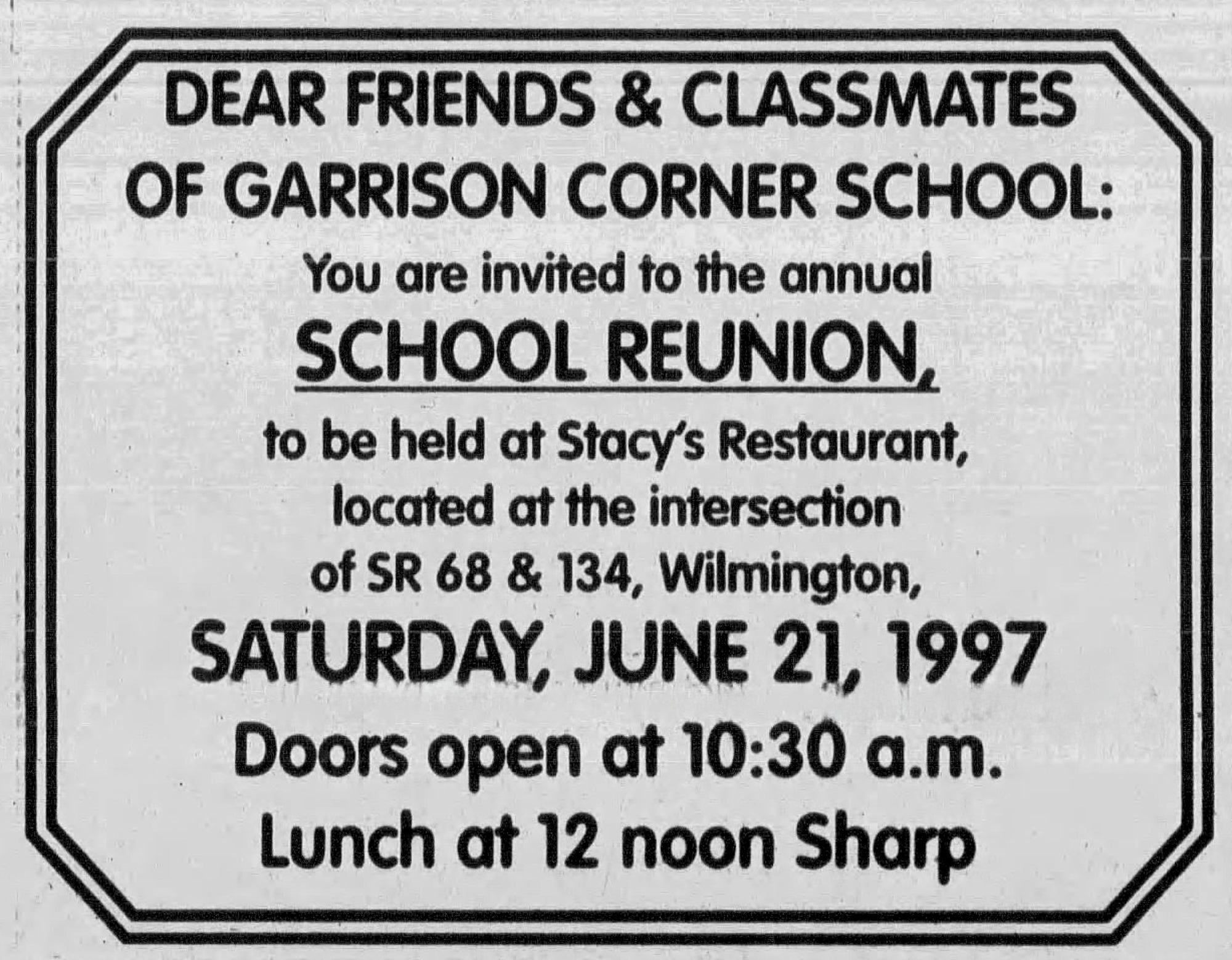 1997. Garrison Corner School Reunion. Blanchester Area Historical Society