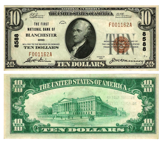 1929. First National Bank of Blanchester $10 Bills.