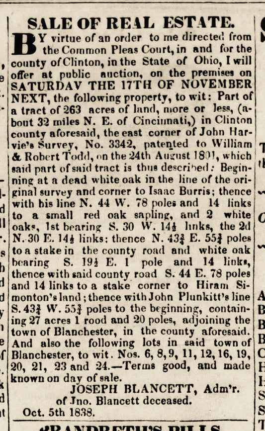 1838. John Blancett probate notice.