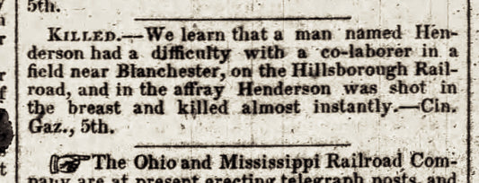 1854. Henderson killed in Blanchester field.