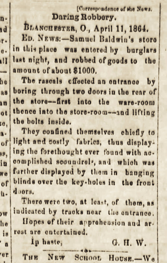 1864. Samuel Baldwin Store Robbery.