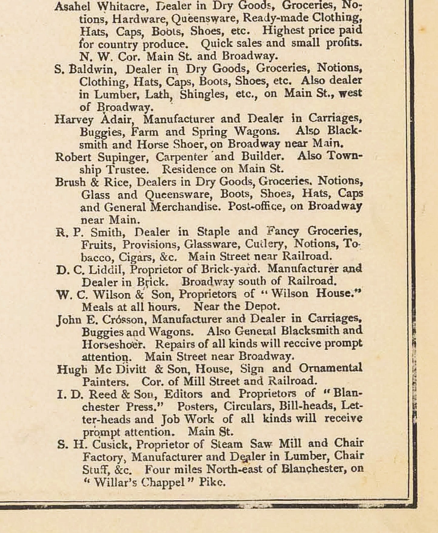 1876. List of Blanchester Businesses