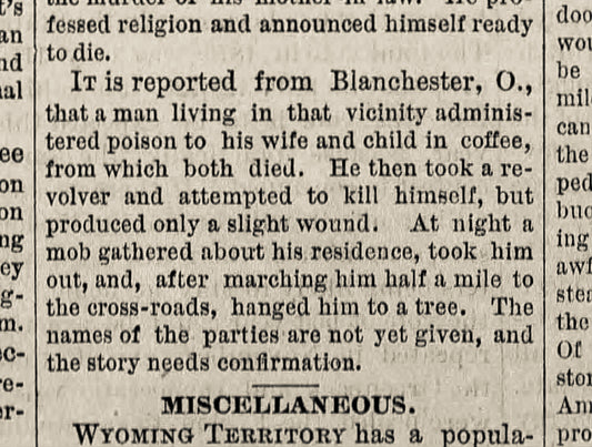 1880. Man Poisons Family, Hanged By Mob.