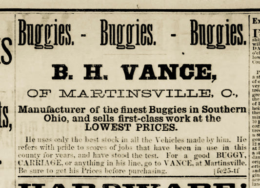 1880. Vance & Pfister Buggies ad. Martinsville.