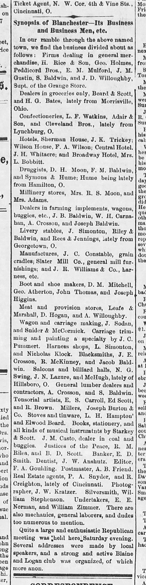 1884. List of Blanchester Businesses and Owners.