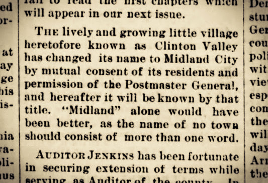 1886. Midland City Name Change Article.