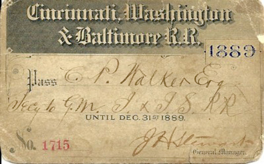 1889. Cincinnati Baltimore & Washington railroad pass.