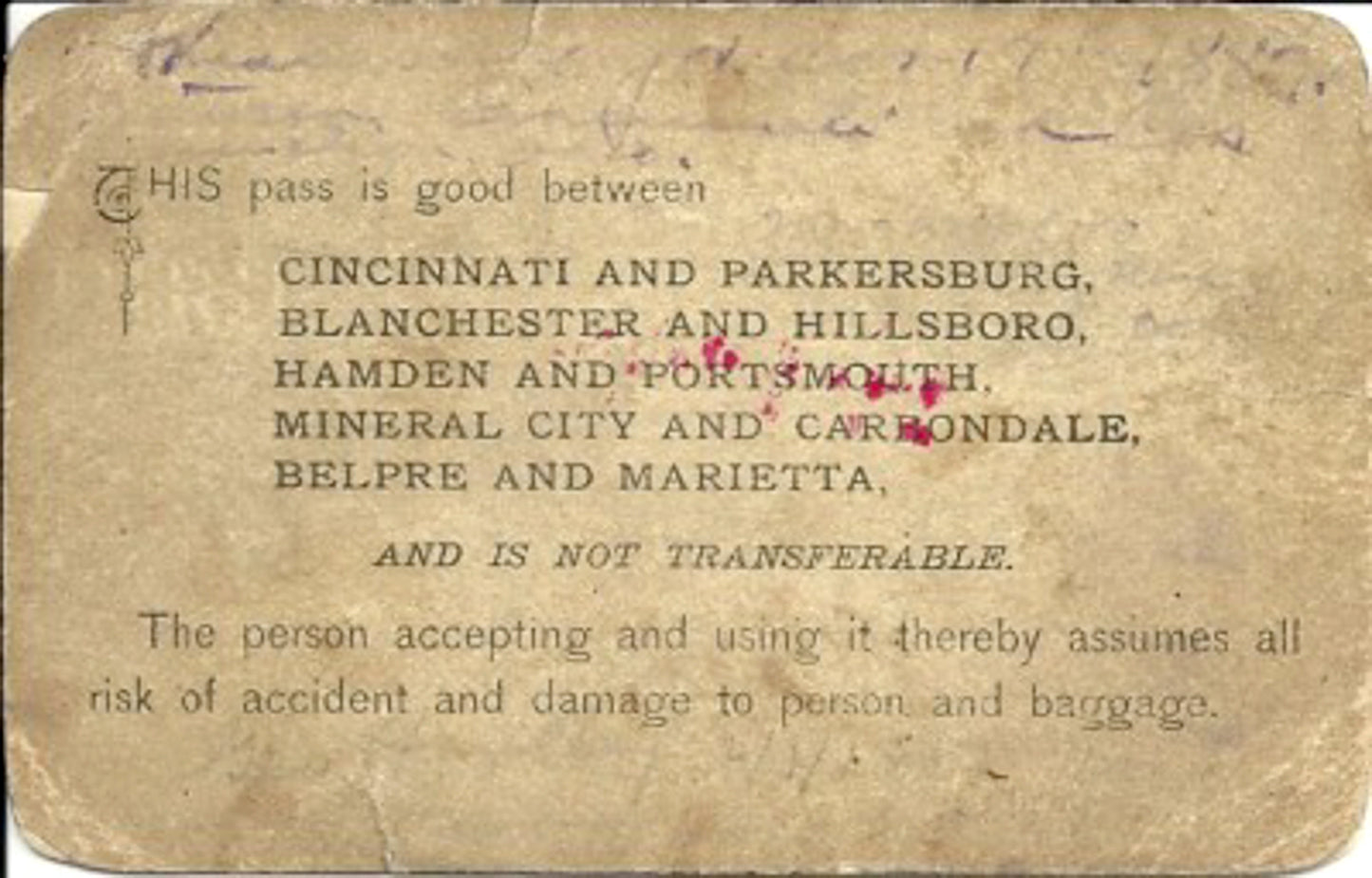 1889. Cincinnati Baltimore & Washington railroad pass.