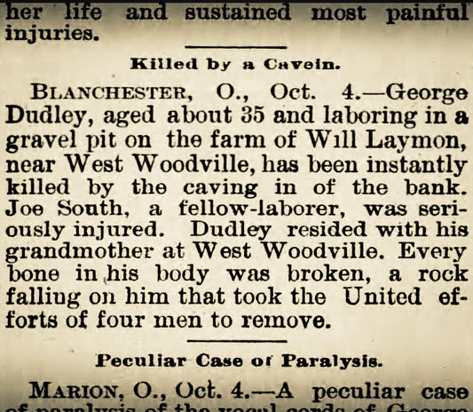 1894. George Dudley Killed By Cave-in in West Woodville.