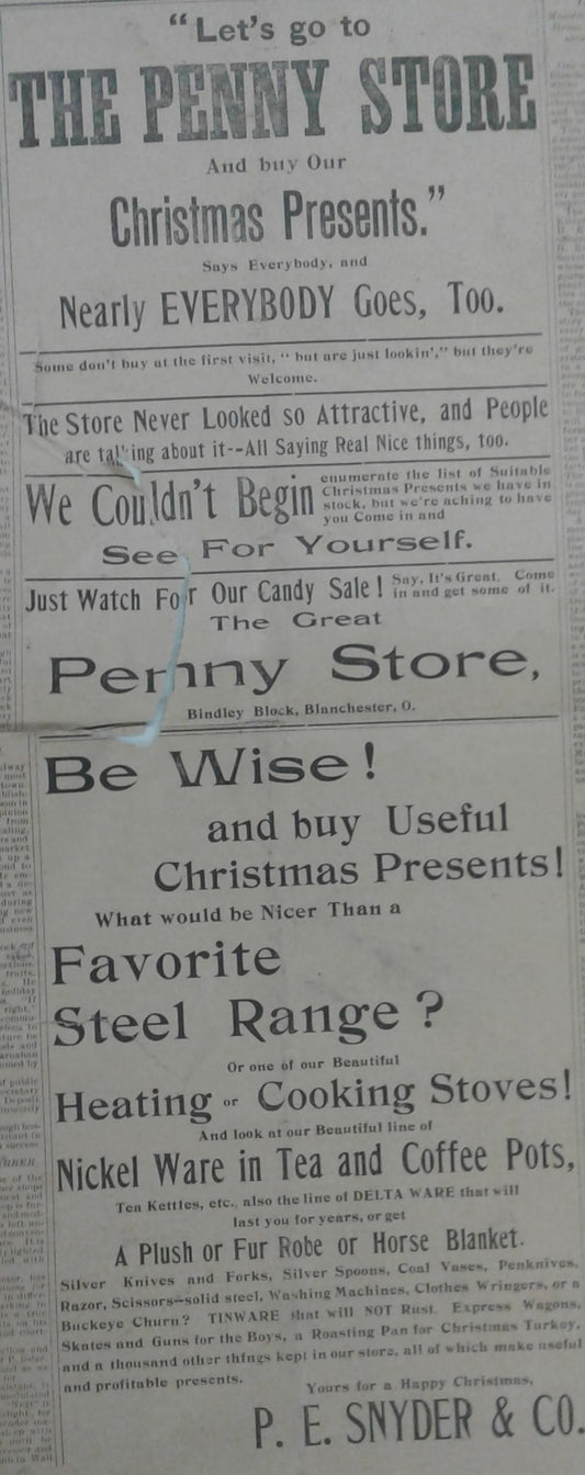 1897. P.E. Snyder Christmas ad.