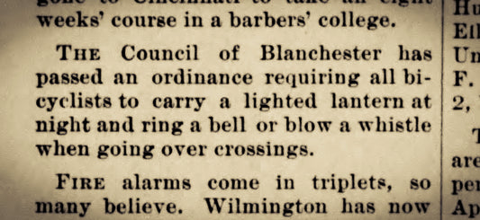 1898. Blanchester Bicyclists Must Ring Bell.