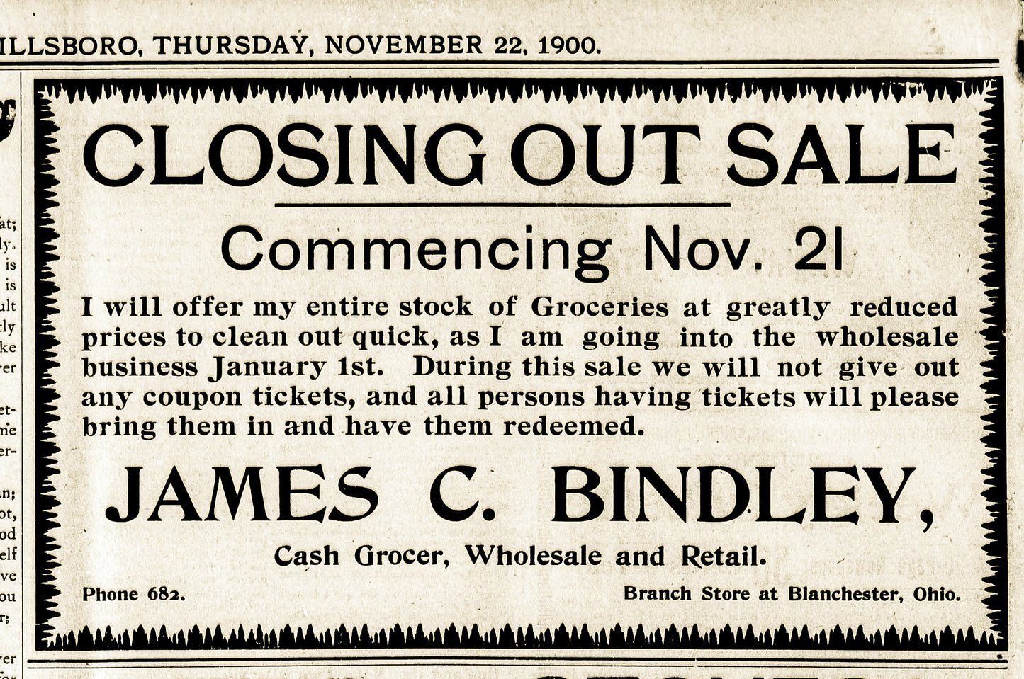 1900. James C. Bindley Grocery Closing ad.