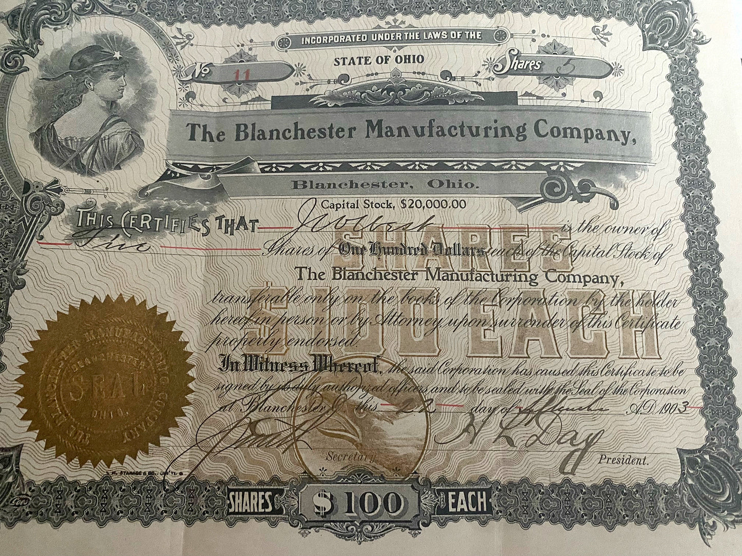 1903. Blanchester Manufacturing Company Stock Certificate.