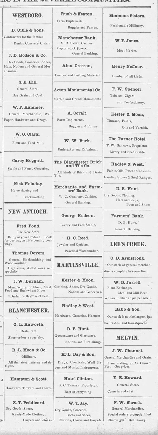 1906. Leading Merchants of Blanchester, Martinsville & Westboro.