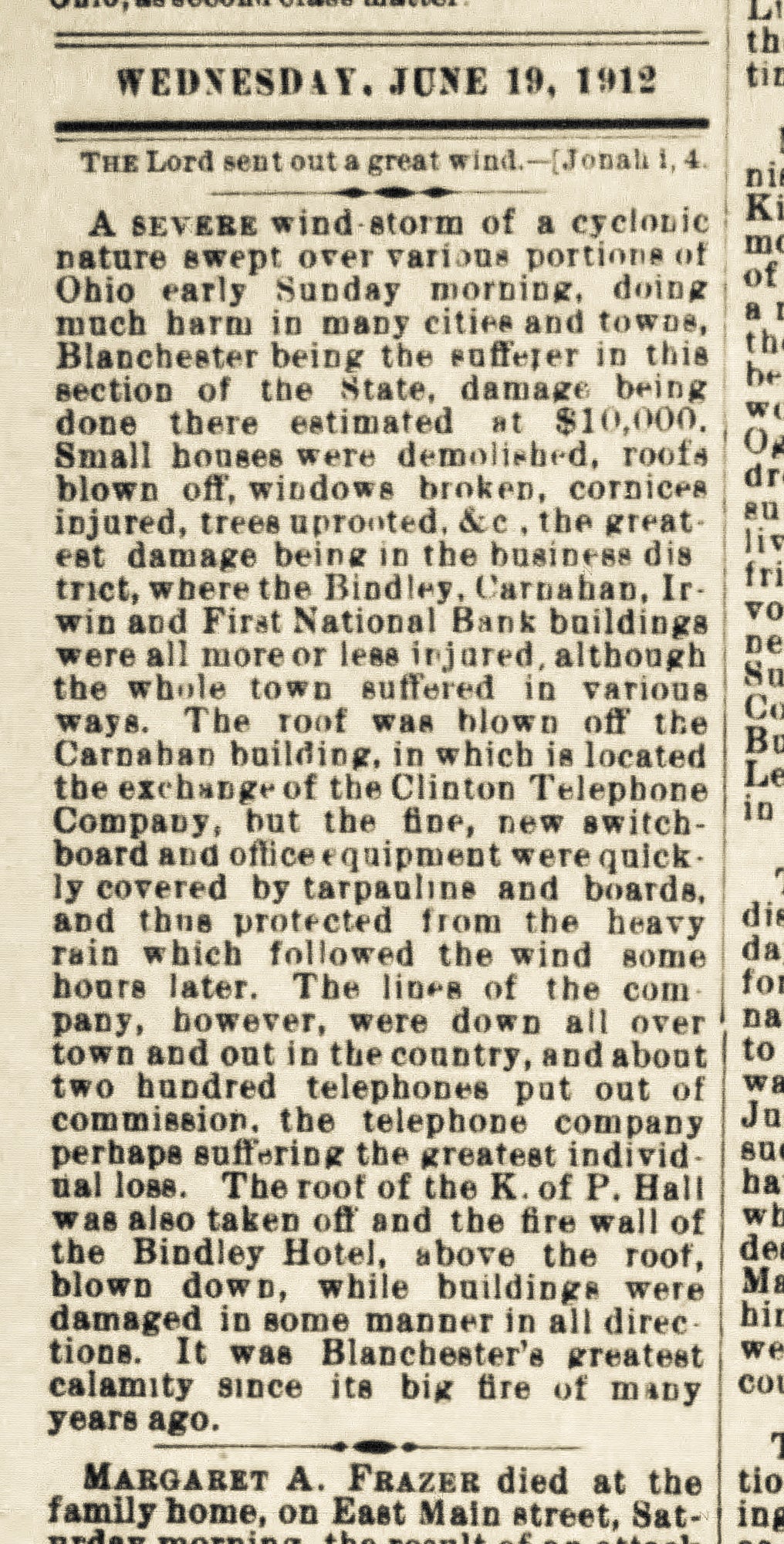 1912. Tornado Strikes Blanchester.