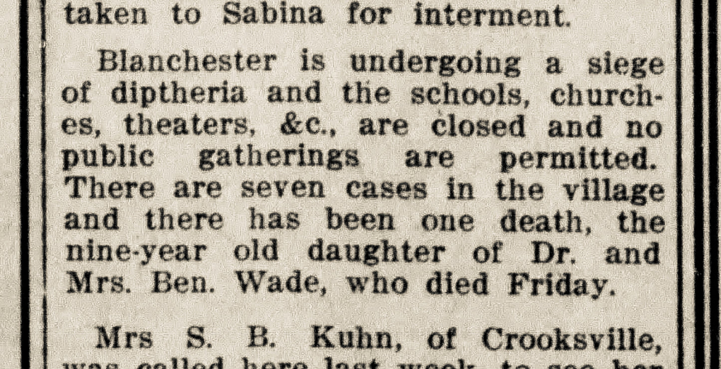 1913. Diptheria outbreak. Blanchester.