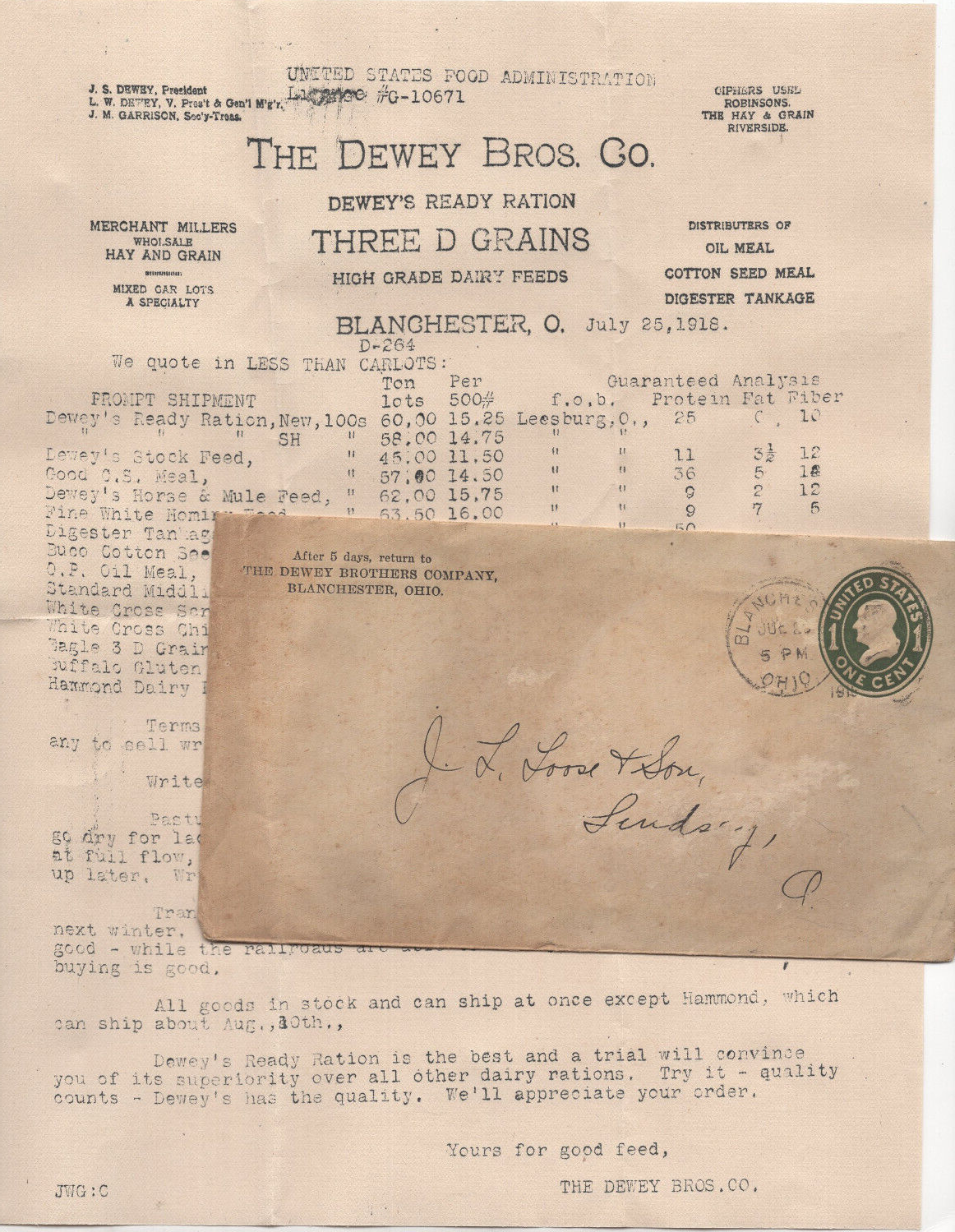 1918. Dewey Bros. Co. order.