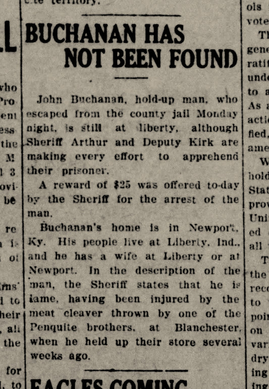 1920. Penquite Brother Hits Robber With Meat Cleaver.