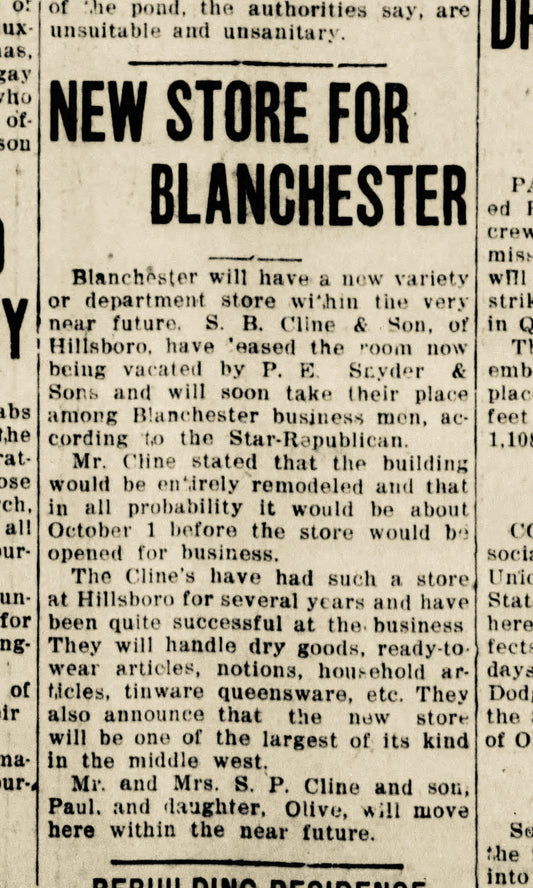 1922. Cline's Department Store comes to Blanchester.