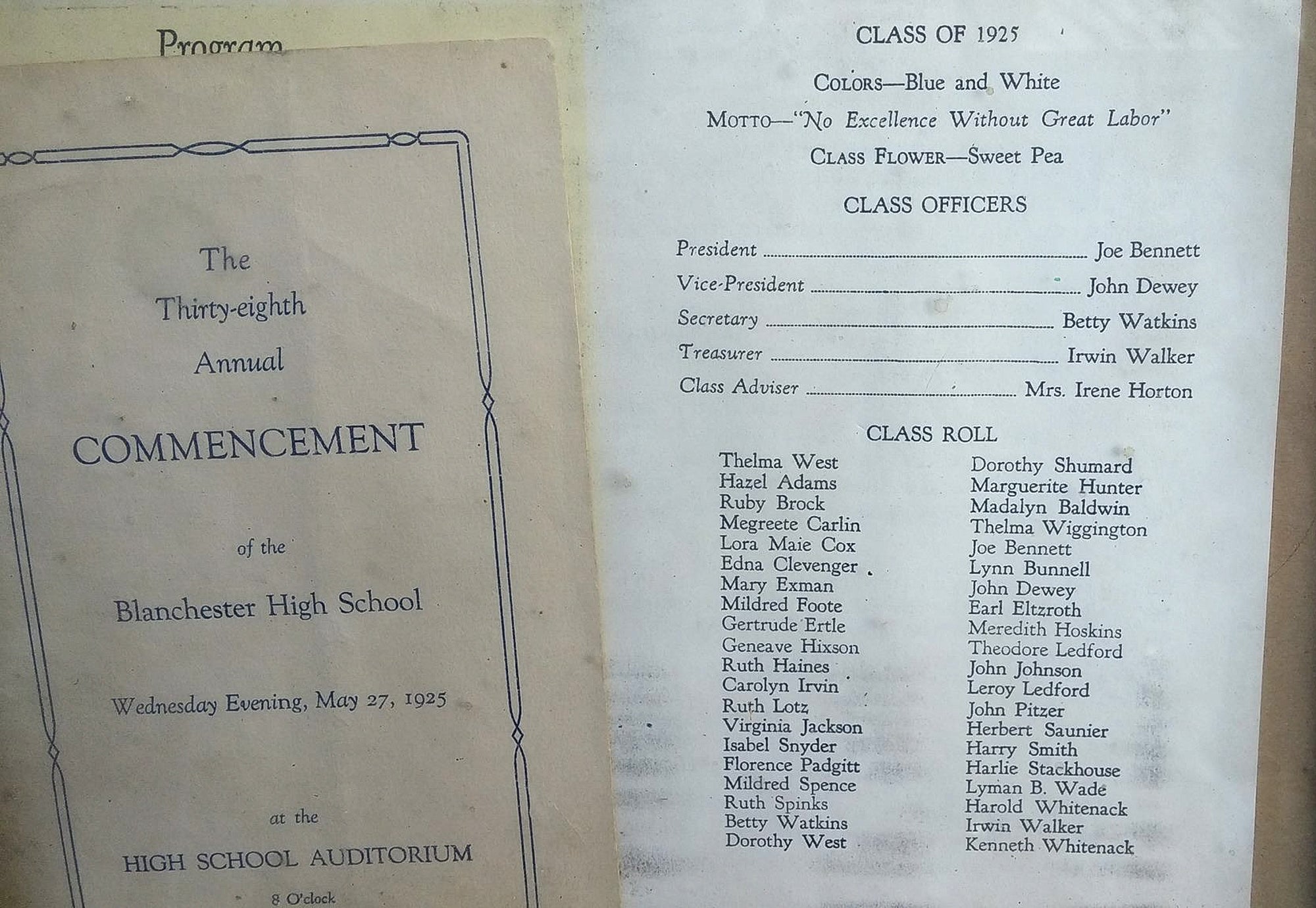 1925. Blanchester High School Graduation Commencement Program ...