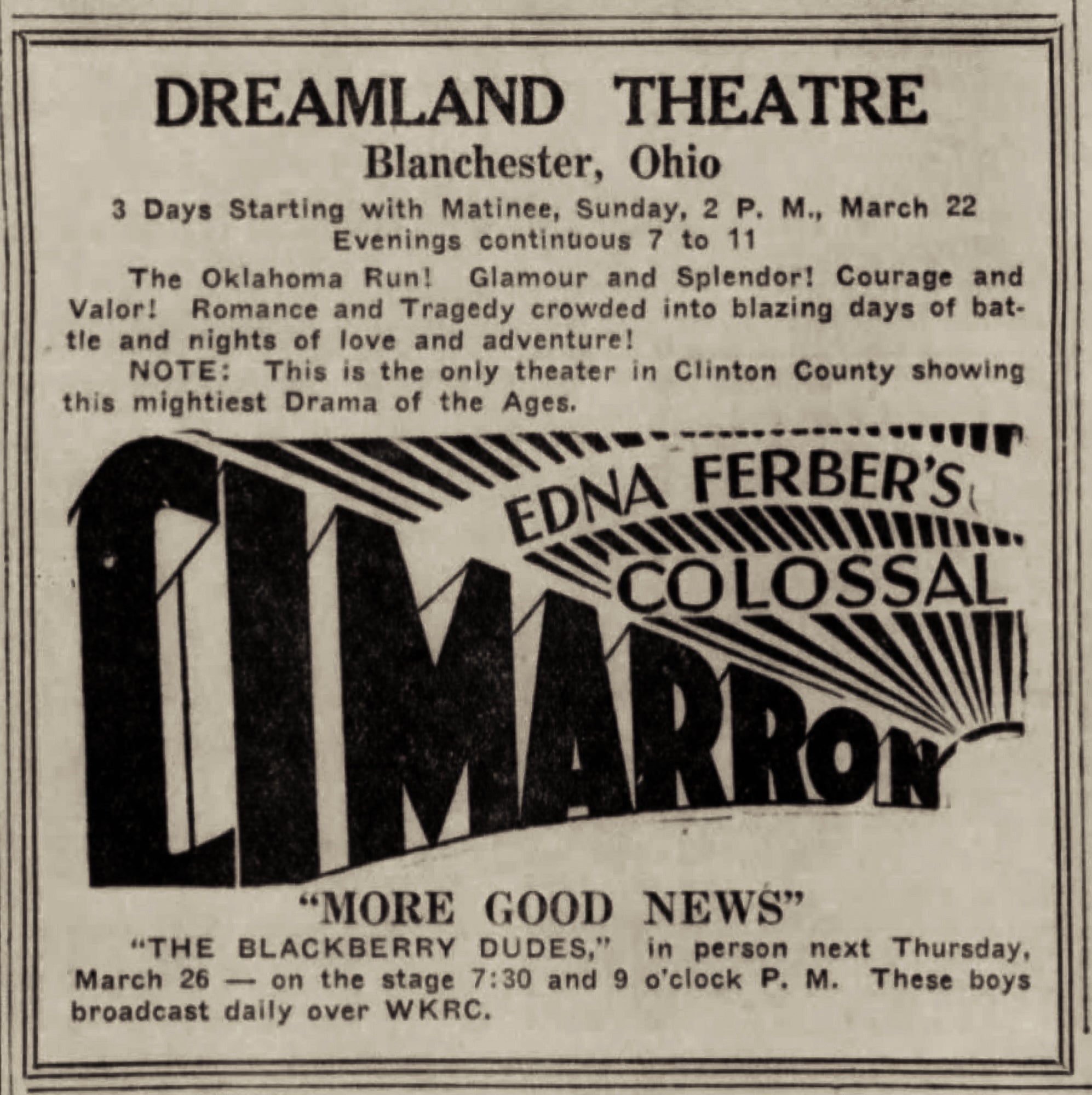 1931. Dreamland Theatre."Cimarron". Blanchester Area Historical Society
