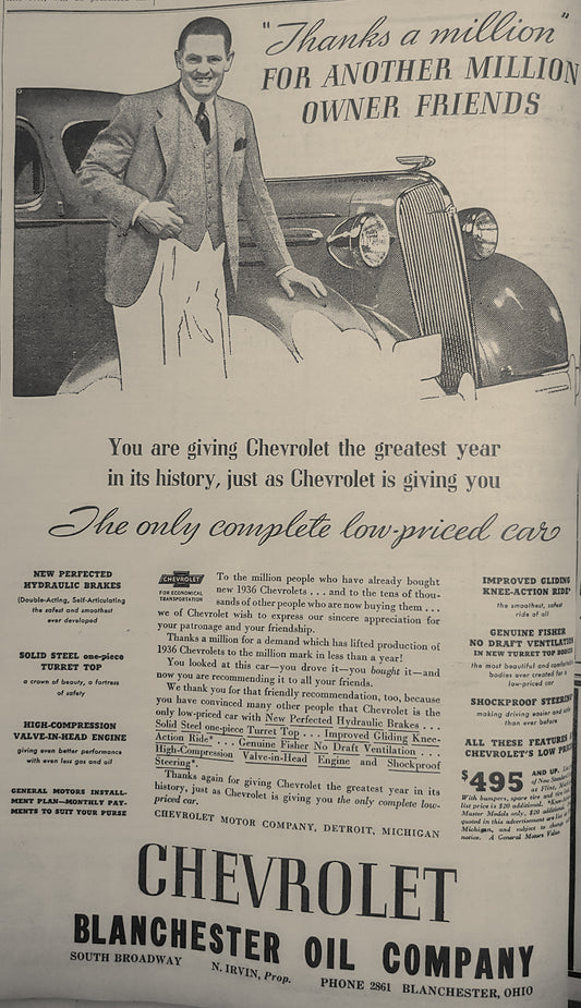 1936. Blanchester Oil/Chevrolet Ad.