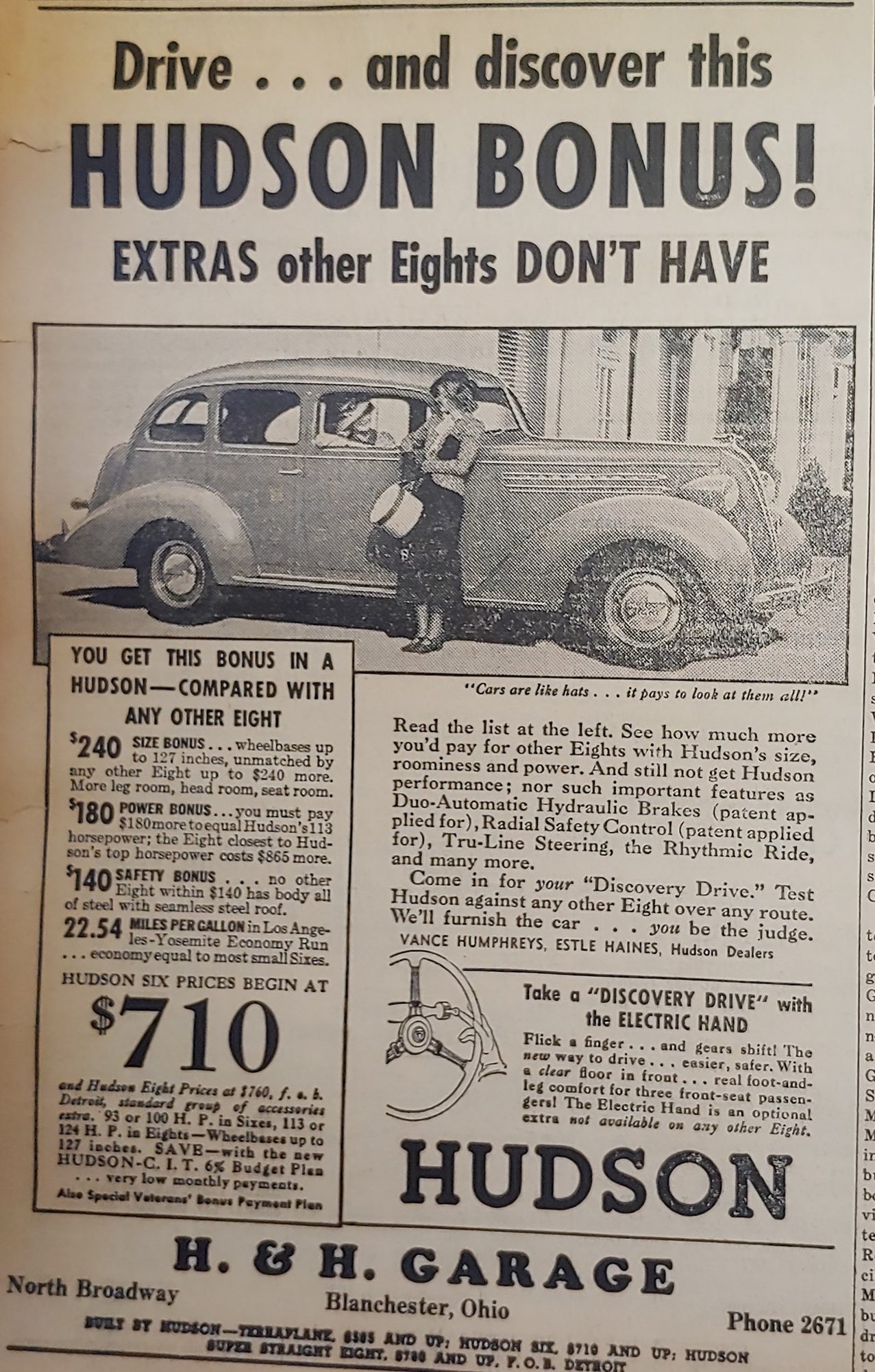 1936. H&H Garage/Hudson Ad.