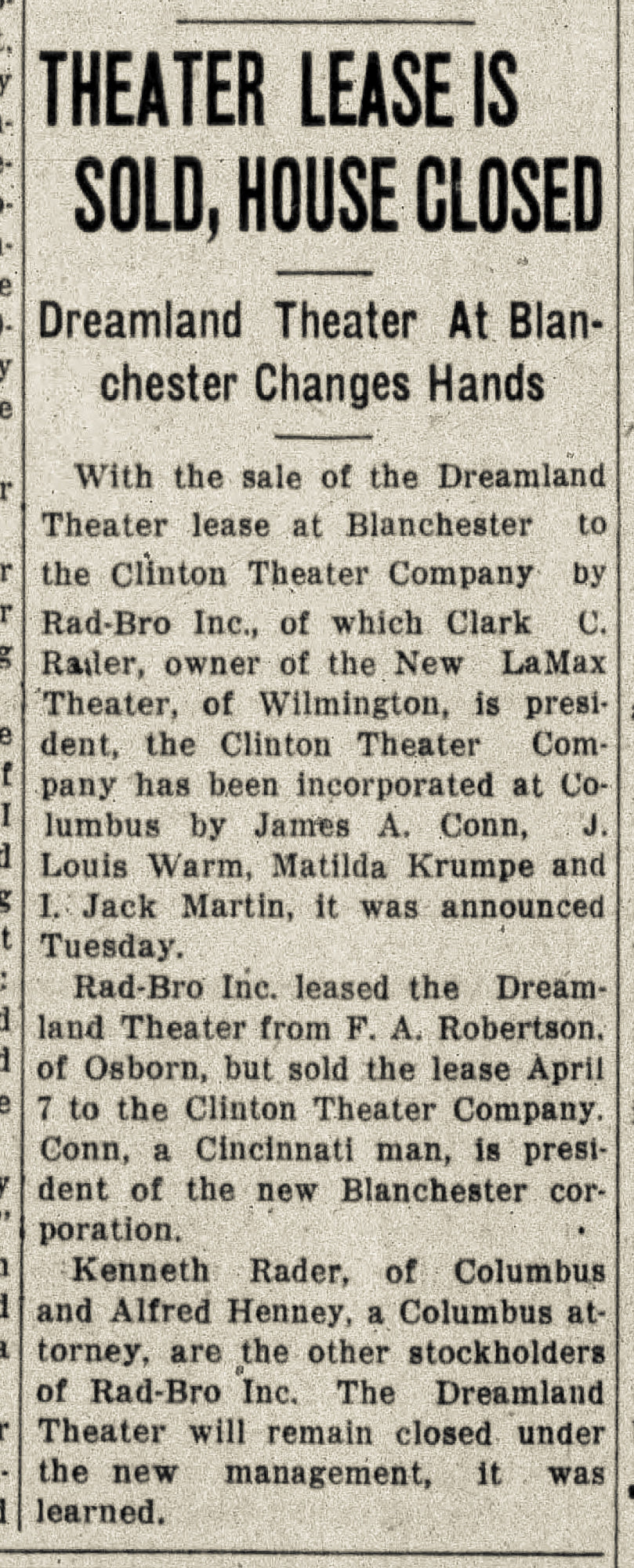 1939. Dreamland Theatre Closes.