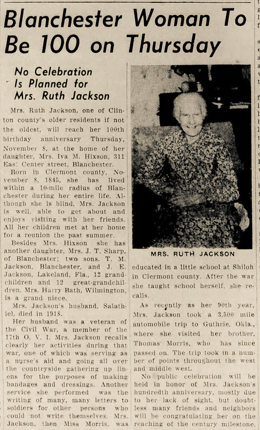 1945. Ruth Morris Jackson Turns 100. Blanchester.