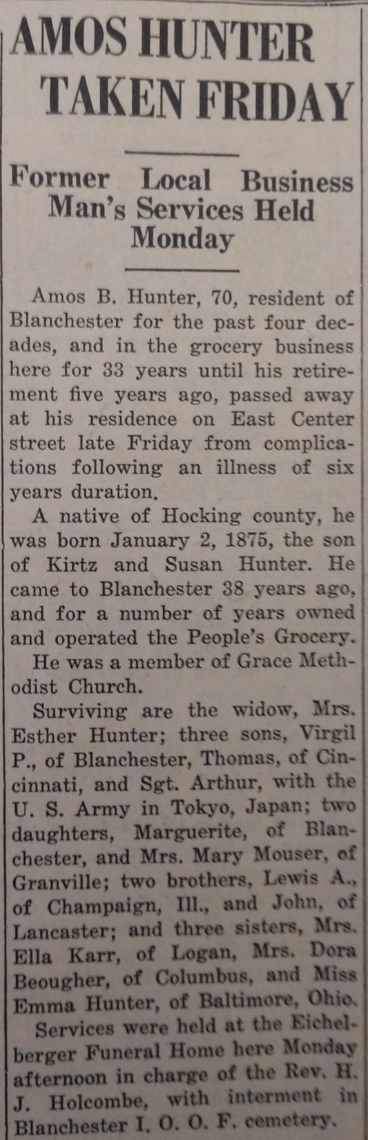 1946. Amos Hunter Obituary.