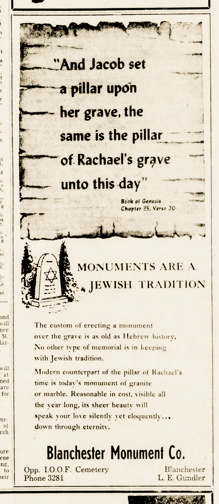 1952. Blanchester Monument Company ad.