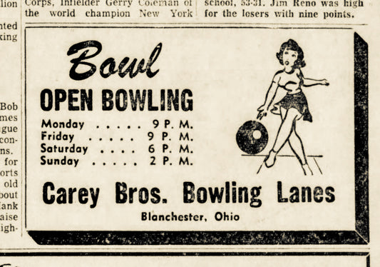 1952. Carey Bros. Bowling Lanes Ad.