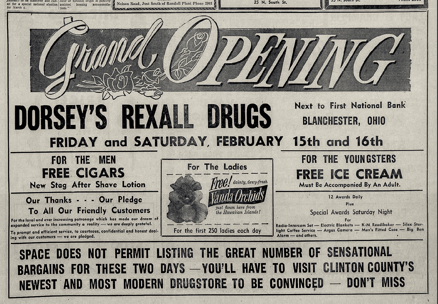 1957. Dorsey's Rexall Drugs Grand Opening Ad.