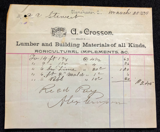 1890. A. Crosson Lumber receipt.