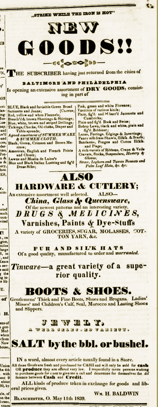 1839. Wm. Baldwin store ad.