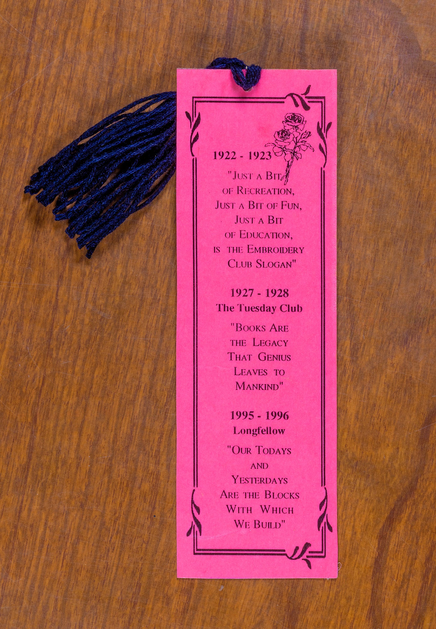 The Blanchester Embroidery Club/Tuesday Club bookmark.