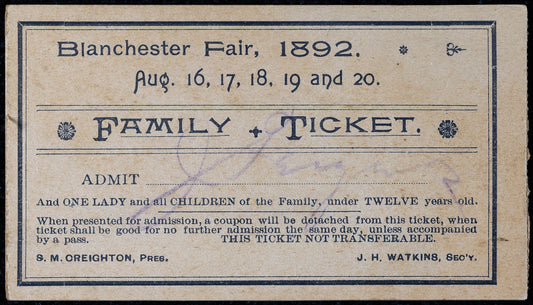 1892. Blanchester Fair Ticket.
