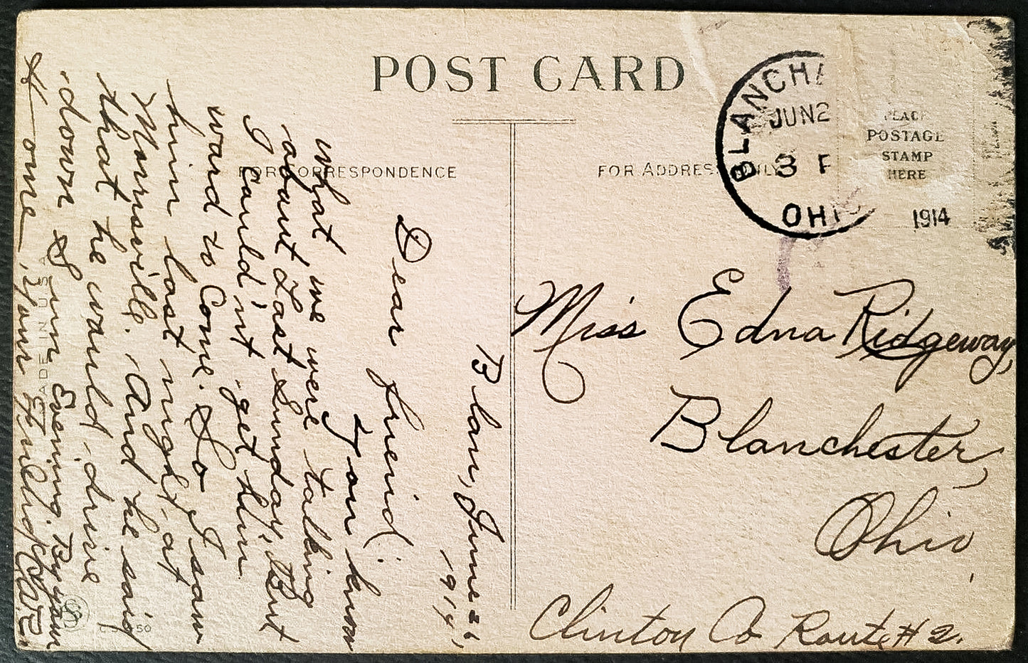 1914. Blanchester German Postcard