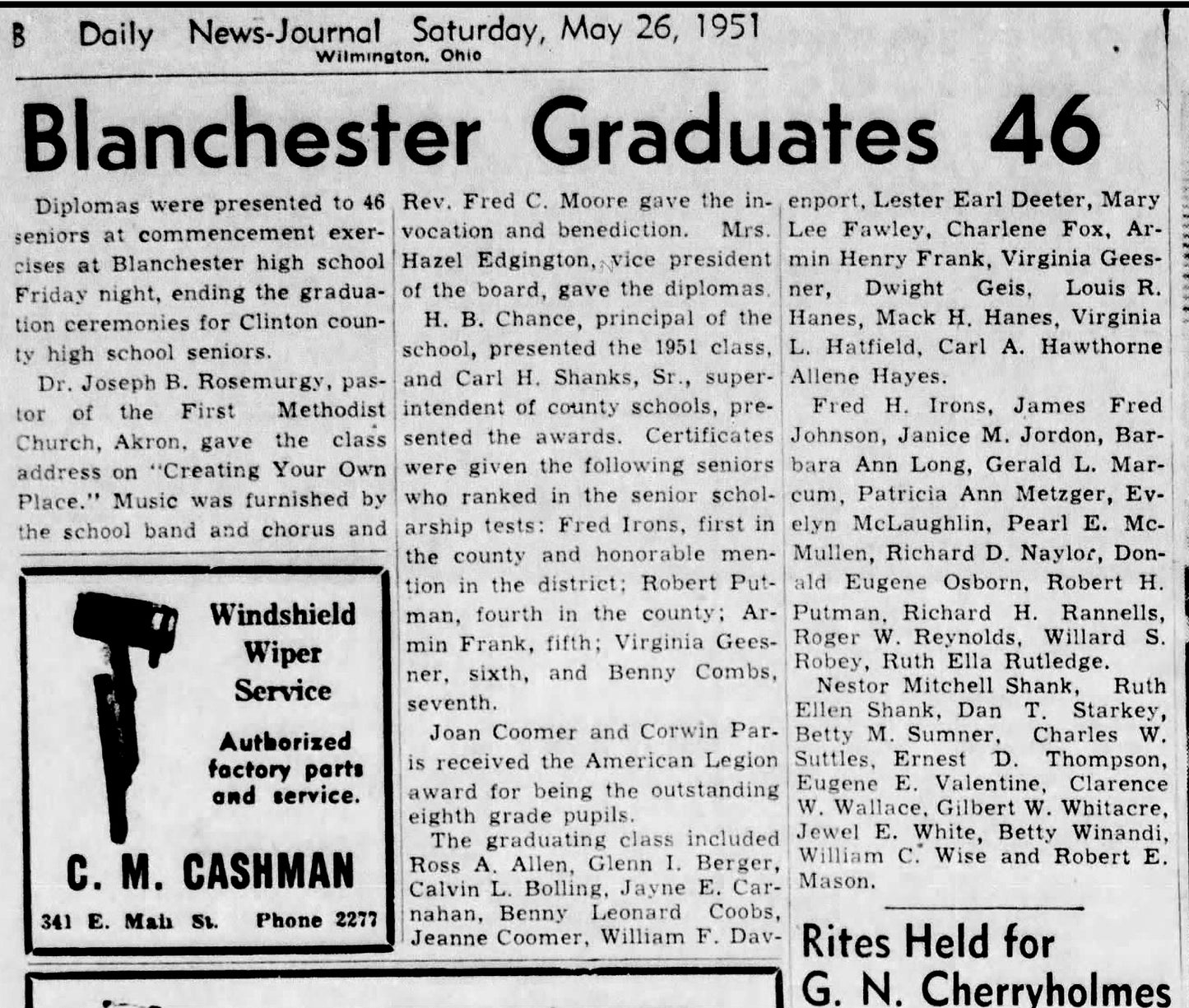 1951. Blanchester High School Class of 1951.