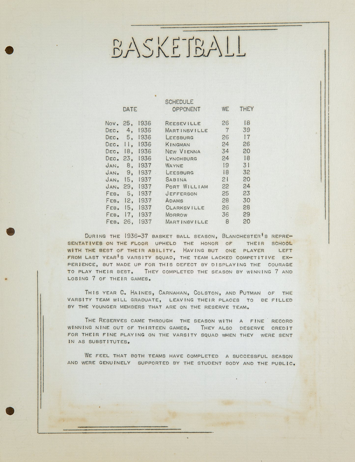 1937. Blanchester High School Yearbook.