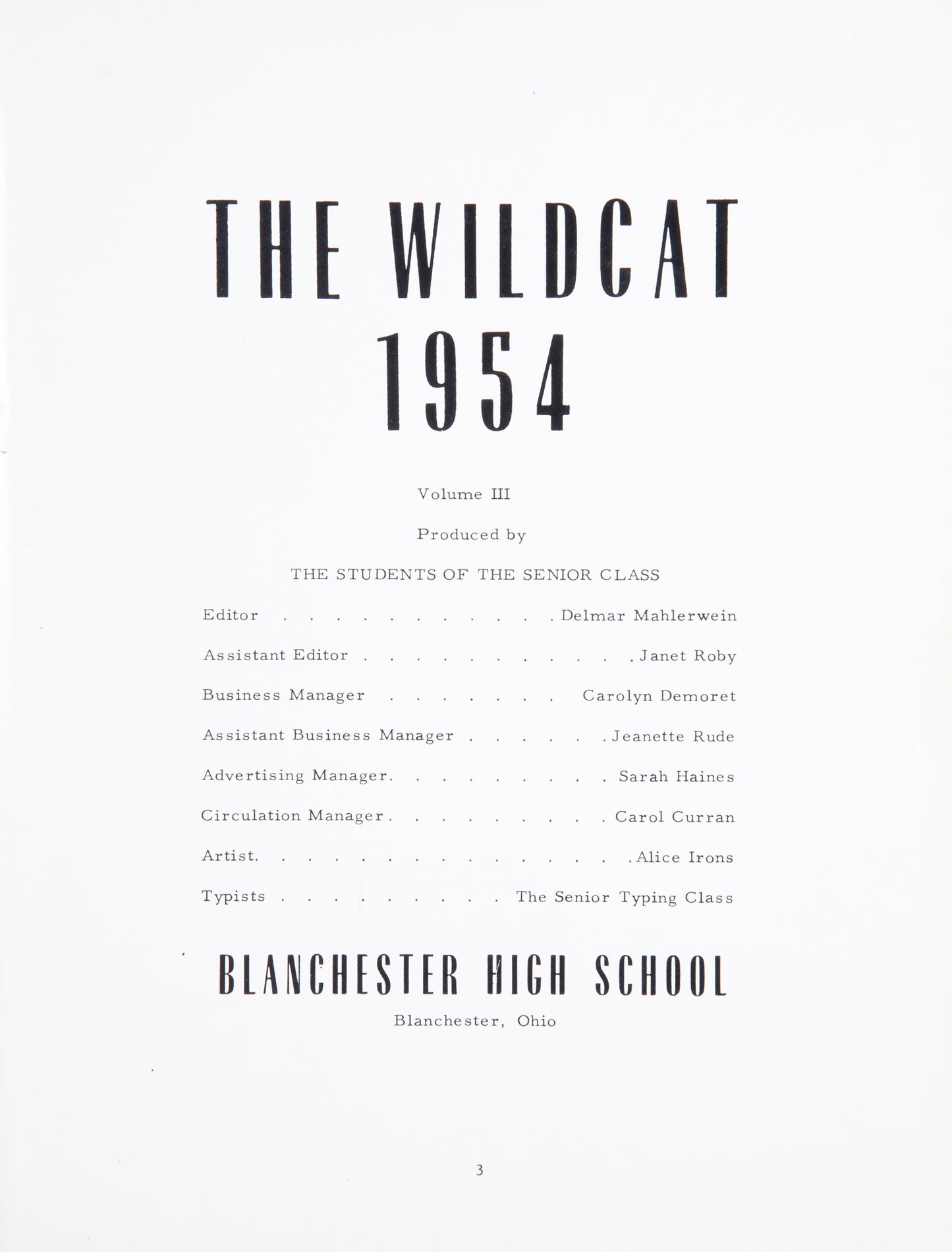 1954. Blanchester High School Yearbook