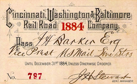 1884. Cincinnati Baltimore & Washington railroad pass.