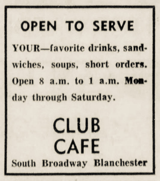 1970. Club Cafe Ad. Blanchester.