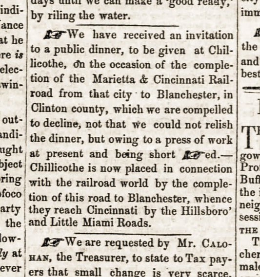 1854. Completion of Marietta & Cincinnati Railroad dinner.