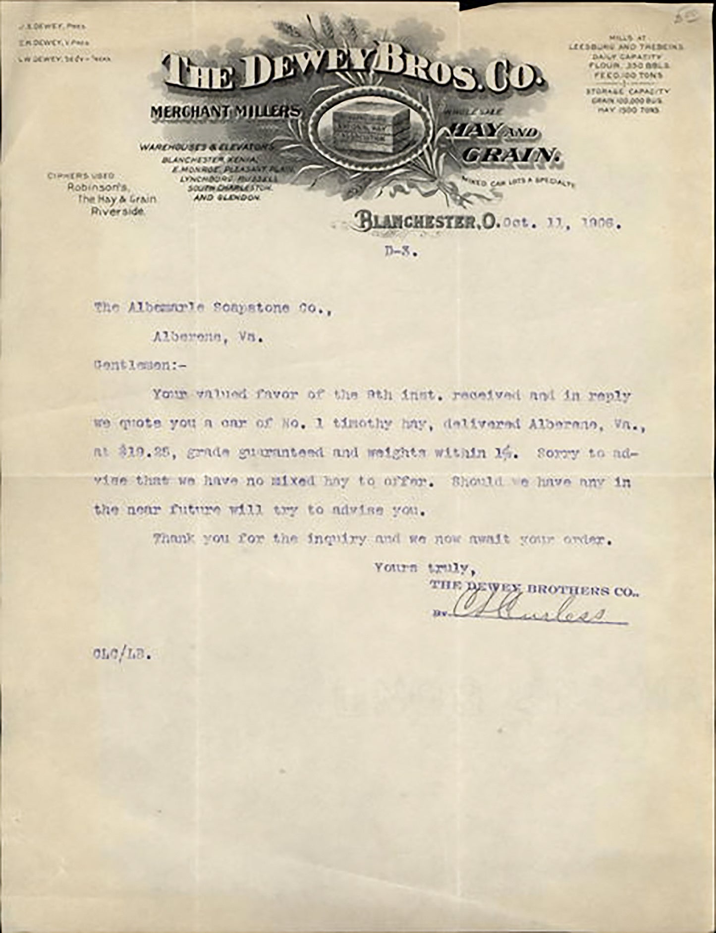 1906. Dewey Bros. Co. letter.