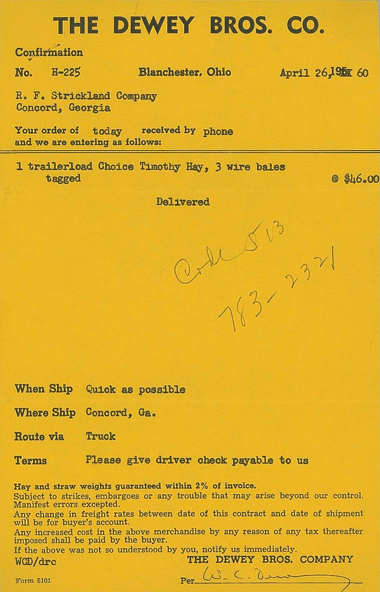 1960. Dewey Bros. Co. Receipt.