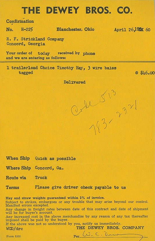 1960. Dewey Bros. Co. Receipt.