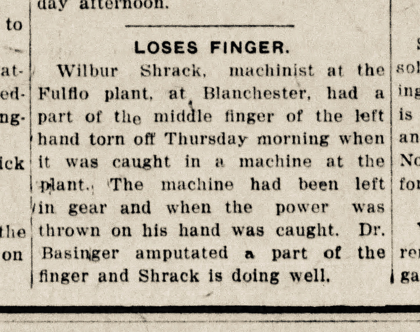 1920. FulFlo Employee Loses Finger.